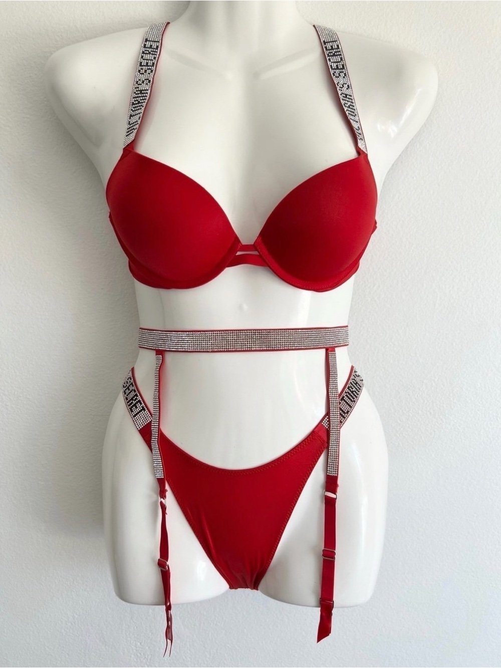 Red Rhinestone Strap Lingerie Set